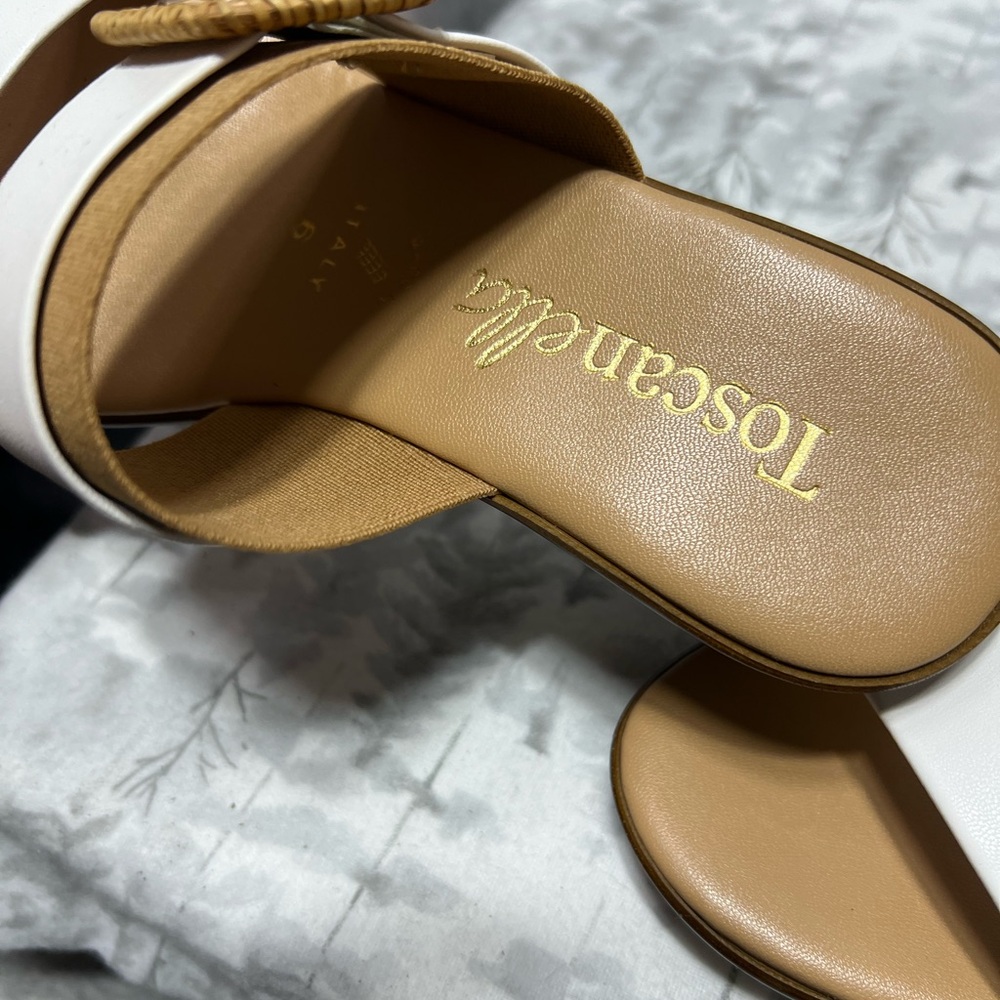 Toscanella Italy Womens White Tan Wedge Sandals Raffia Buckle Slides Size 6 - Picture 4 of 5